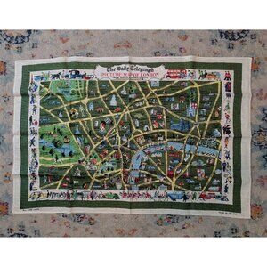 Vintage Mid Century Irish Linen‎ Souvenir Tea Towel - Picture Map of London